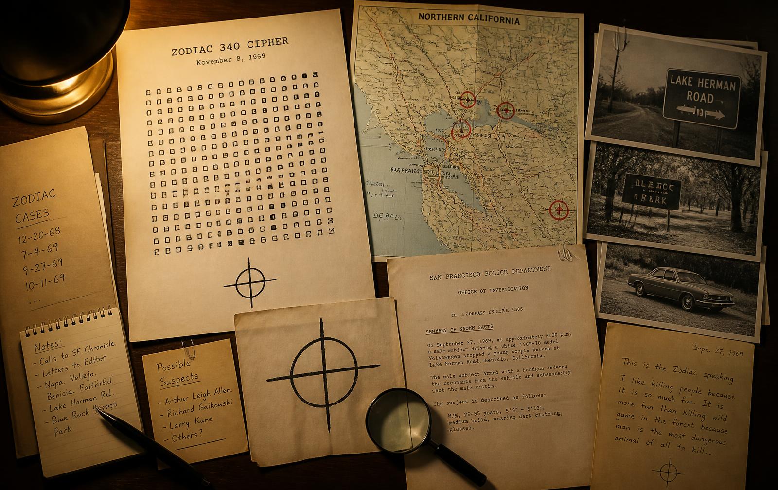 An evidence table: the Zodiac 340 cipher, a marked Northern California map, crosshair symbol and case photographs
